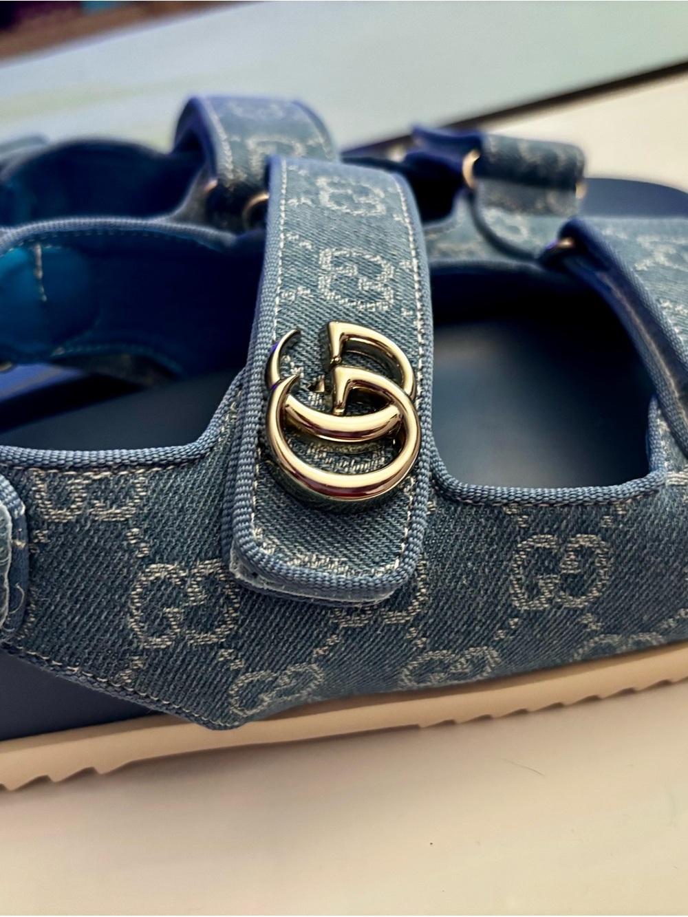 Brand New !! Denim GG Logo Double-Strap Sandals - Blue - Picture 7 of 7